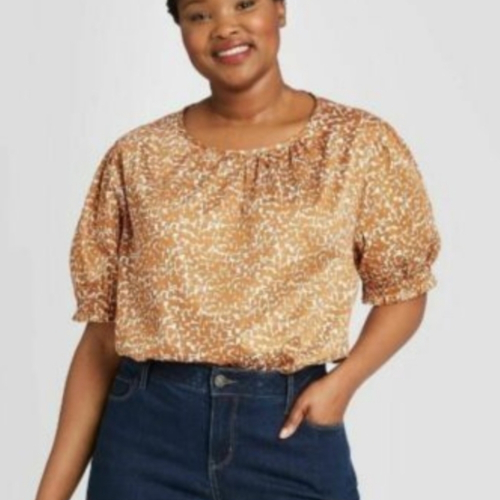 Ava & Viv Plus Size NWT Feminine Colorful Abstract Puff Sleeve Top Blouse 2X